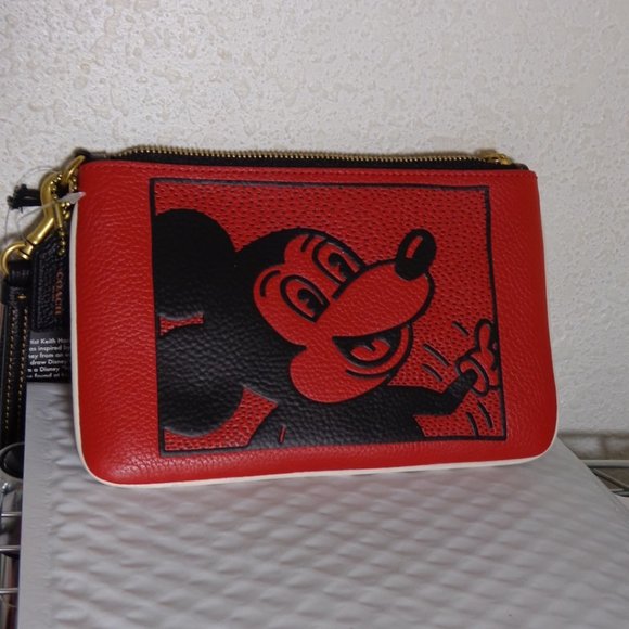 Coach Mickey Mouse Electric Red Leather Wristlet Keith Haring LTD Editio…